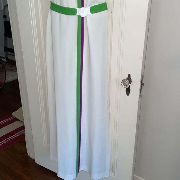 Vtg 60s Elisabeth Stewart white knit polyester maxi dress with lime green belt - Picture 4 of 8